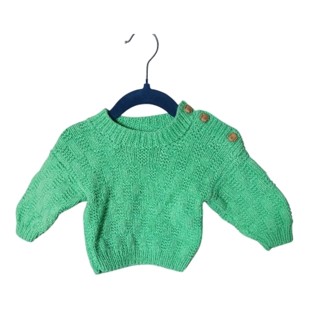 Hand‎ Knit Baby Green Basket Weave Sweater Cotton with Dog Shoulder Buttons 3/6m